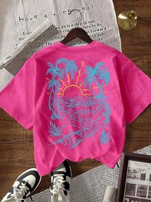 Camiseta informal de mujer de manga corta, cuello redondo y ajuste holgado con estampado de letras, para el verano - Rosa Fucsia - Ver 6