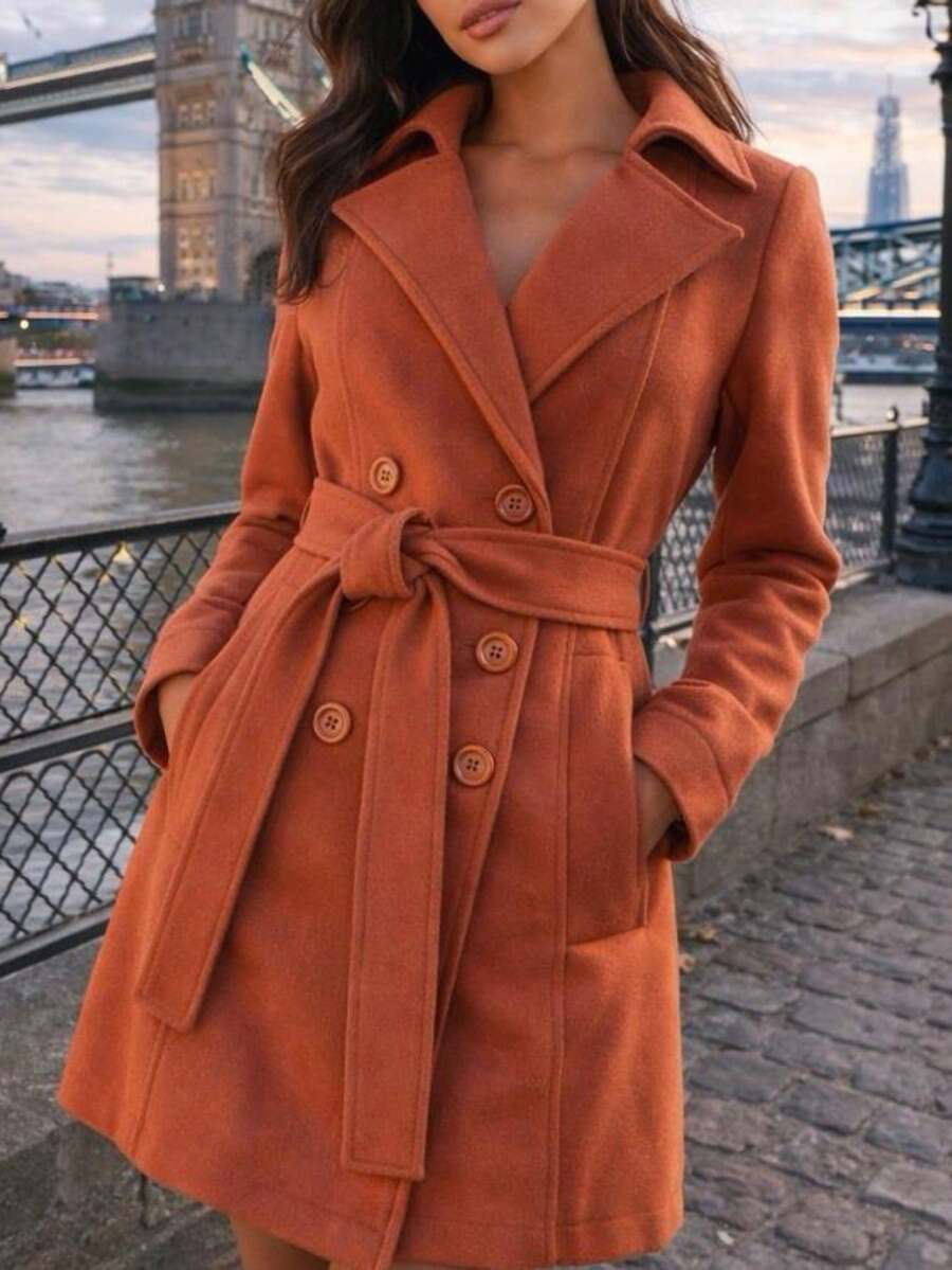 Women's Elegant Wool Coat With Belt And Buttons, Winter 2026. Premium Fitted Leather Overcoat. One Size Fits Sizes 36 To 42 (Brazilian Sizes). - 亮橙色 - 查看 1