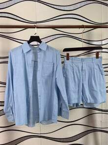 Linen Shirt And Shorts Set (2 Pieces) - Light Blue With Pockets - View 1