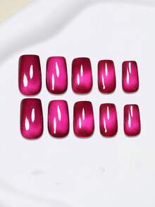 10pcs Medium Square Elegant Rose Red Cat Eye Full Cover False Nails Set, Includes 1 Adhesive Sticker And 1 Mini File, Suitable For Women And Girls, Random Color Delivery - Hot Pink - View 2