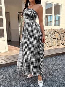 EARO 时尚女士长款挂脖格子连衣裙，甜美显瘦，夏季休闲度假装 - 白色 - 查看 2