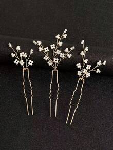 3pcs/Set Handmade Faux Pearl & Rhinestone Asymmetrical Hair Pins, Bridal Headpiece Accessories For Wedding Dress,Summer,Beach - 63313 White - View 11