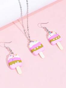 Juego de 3 piezas/Set de joyería con colgante de helado y paleta de postre, collar y pendientes, accesorios de arcilla blanda con diseño de dibujos animados dulce de verano para atuendo de fiesta - Multicolor - Ver 6