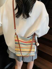 Vintage Fashionable Large Capacity Woven Tote Bag, Beach Holiday Straw Crossbody Bag Vacation Essentials - Multicolor - View 3