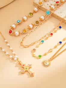 5pcs/Set Crystal-Embellished Cross & Flower Pendant Necklace Set, Suitable For Daily Wear, Party, Holiday Gift - Multicolor - View 5
