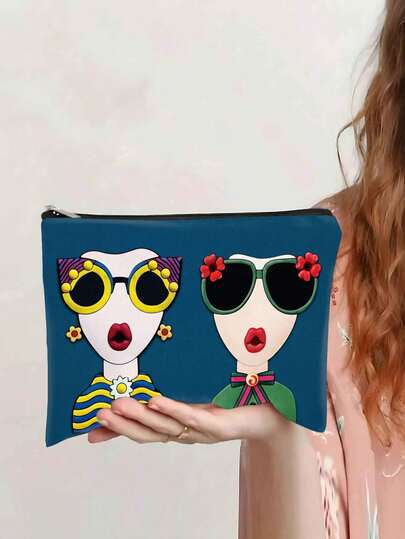 艺术人脸印花化妆包，撞色便携式洗漱包，趣味时尚眼镜和化妆品收纳包。