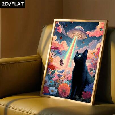 2D/平面 1 幅彩色卡通动物图案装饰画，小黑猫、蝴蝶、花朵、宇宙飞船图案，充满奇幻色彩，治愈系帆布海报，墙面艺术，适用于办公室、餐厅、卧室、客厅、书房墙面装饰（无框/包边帆布）