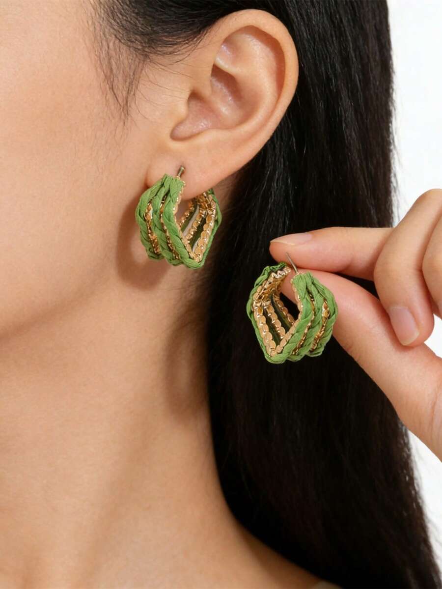 Khuyên tai vòng bằng dây xích vàng quấn sợi raffia, khuyên tai hình chữ C bện họa tiết, trang sức mùa hè đi biển dành cho nữ. - Nhiều màu - Xem 1
