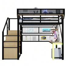 Metal Loft Bed 140 * 200 Cm, With Desk, Shelf And Storage Net, Complete With Safety Ladder, LED Lighting And Socket, Raised Railing, Black - Black - View 4