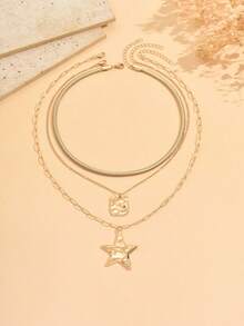Set de 3 collares de cadena de serpiente minimalista y versátil con colgante de pentagrama de textura dorada de alta gama, adecuado para uso diario, salidas, fotografía, y puede ser un regalo para amigos - Dorado - Ver 2