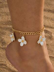 1 chiếc vòng chân kiểu Pháp cổ điển, thanh lịch, phong cách mùa hè, mới, kiểu bãi biển, mặt dây chuyền hình giọt dầu, hoa bốn cánh màu trắng, làm thủ công, dành cho nữ. - trắng - Xem 1