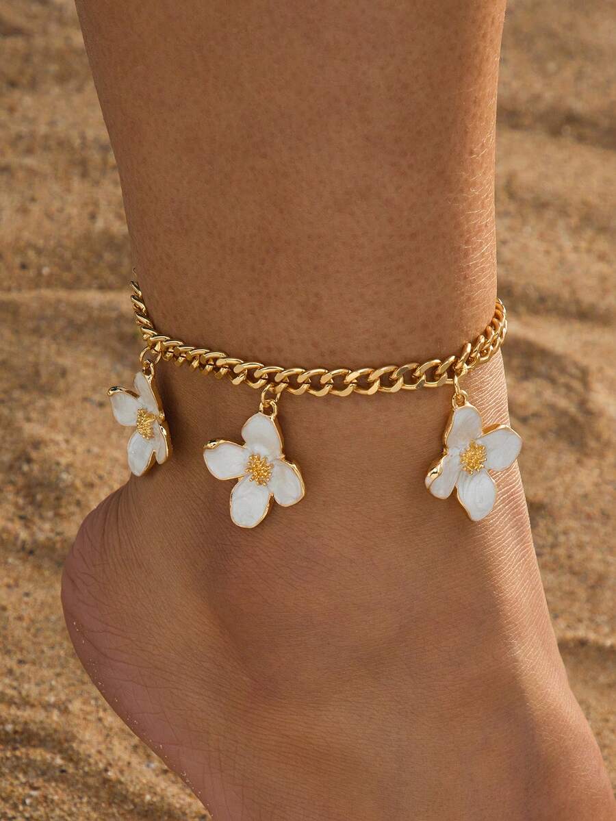 1 chiếc vòng chân kiểu Pháp cổ điển, thanh lịch, phong cách mùa hè, mới, kiểu bãi biển, mặt dây chuyền hình giọt dầu, hoa bốn cánh màu trắng, làm thủ công, dành cho nữ. - trắng - Xem 1