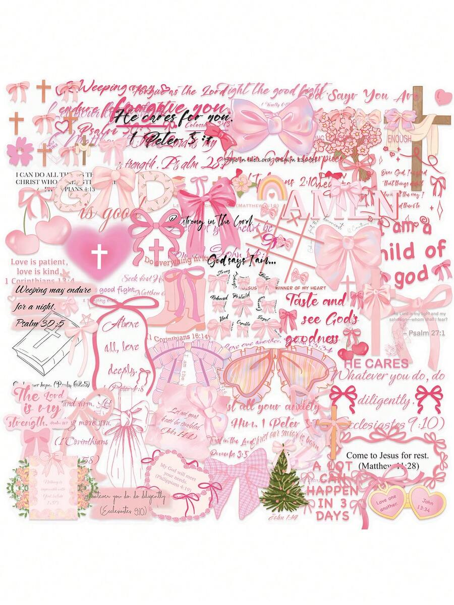 50pcs Pink Bow Stickers With Bible Verses, Transparent PET Stickers Suitable For Water Bottles, Laptops, Luggage, Scrapbooks, Diaries, Phones - New Model - View 1