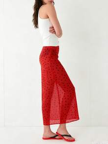 Women Polka Dot Sheer Midi Skirt Y2k See Through Low Rise Long Skirt Flowy Mesh Cover Up Maxi Skirts Summer Beachwear Going Out - 紅色 - 查看 3