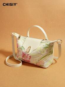 Original White Patchwork Floral Sequin Embroidery Handbag, French Girly Dreamy Tote Bag, 3D Floral Embroidery, Fashionable Commuter Socialite Style, Handheld/Shoulder/Crossbody, Suitable For Gifts, Shopping, Commuting, Parties, All Seasons - White - View 4