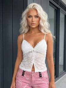 Women Camisoles Sheer Lace Split-Front Bow Detail Spaghetti Strap Cropped Tank Tops Summer Sleeveless Vests Streetwear - White - View 5