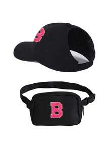2pcs/Set Women's Personalized A-Z Letter Messy Ponytail Baseball Cap And Crossbody Bag Set, Adjustable Strap And Multi-Functional Crossbody Bag For Phone And Coins, Suitable For Outdoor, Vacation, Street Wear - Black - View 9