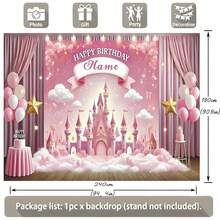 Customizable Pink Castle Princess Happy Birthday Backdrop With Pink Dreamy Castle, Pink Flowers, Gold Crown, And Sparkling Stars Design-Perfect For Princess-Themed Birthday Parties, Cake Table Backdrops, Decorations, And Photo Backdrops (Vinyl) - Multicolor - View 7