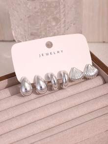 2/6/18件套时尚新款银色海星、贝壳、光滑水滴、凹点水滴、多种形状C形耳环套装，适合女性日常佩戴，是馈赠亲朋好友的理想礼物 - 銀色 - 查看 11