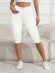 Elastic Tight Fit Women's Cropped Casual Jeans Summer - 白色 - 查看 3