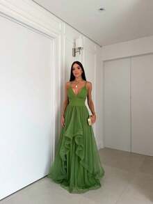 Greek Goddess Gala Dress In Tulle Without Glitter, With Capes And Invisible Zipper - Green Leaf - View 4