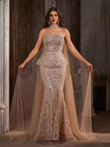 Women's Elegant Sexy Floral Sequin Patchwork Formal Evening Gown Dress Party Wedding Spring - Apricot - View 2