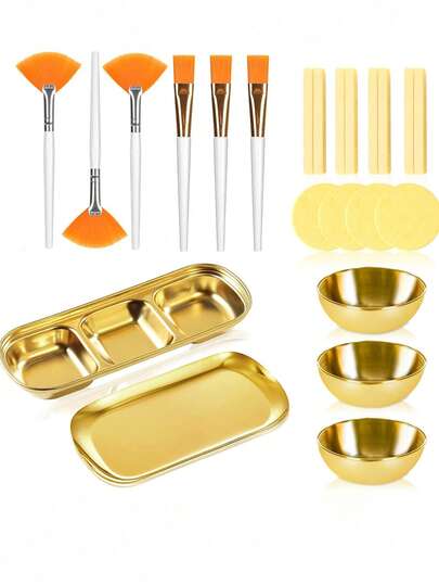 2/3/8/9/10/11/21 pièces Ensemble d'outils de soins de beauté pour le visage, bol de mélange en acier inoxydable doré, accessoires DIY, plateau doré, plateau diviseur, pinceau éventail pour le visage, pinceau applicateur de masque, éponges de nettoyage du visage compressées, plusieurs tailles disponibles