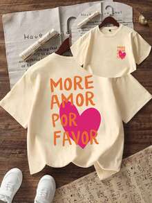 Tween Girl "MORE AMOR POR FAVOR" Print Soft & Comfortable T-Shirt, Suitable For Girls Traveling, Vacation, Outdoor Sports, Daily Wear, Casual Travel, Best Choice For Fashionable Girls In Spring And Summer - Apricot - View 5