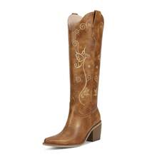 Cowboy Boots For Women Knee High Womens Cowgirl Tall Boots Slip On Design With Pointed Toe Comfortable Chunky Middle Heel Western Embroidery Boot For Wedding Country Concert Traveling - 棕色 - 查看 1
