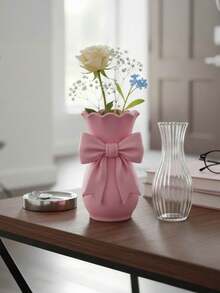 1 pieza Jarrón con lazo impreso en 3D con parte superior en forma de lazo y base redonda - Soporte de flores de plástico adecuado para escritorio, estantería, centro de mesa, decoración del hogar estilo Ins para habitación, regalo para mujeres, inauguración de la casa, regalo del Día de la Madre - A - Ver 1