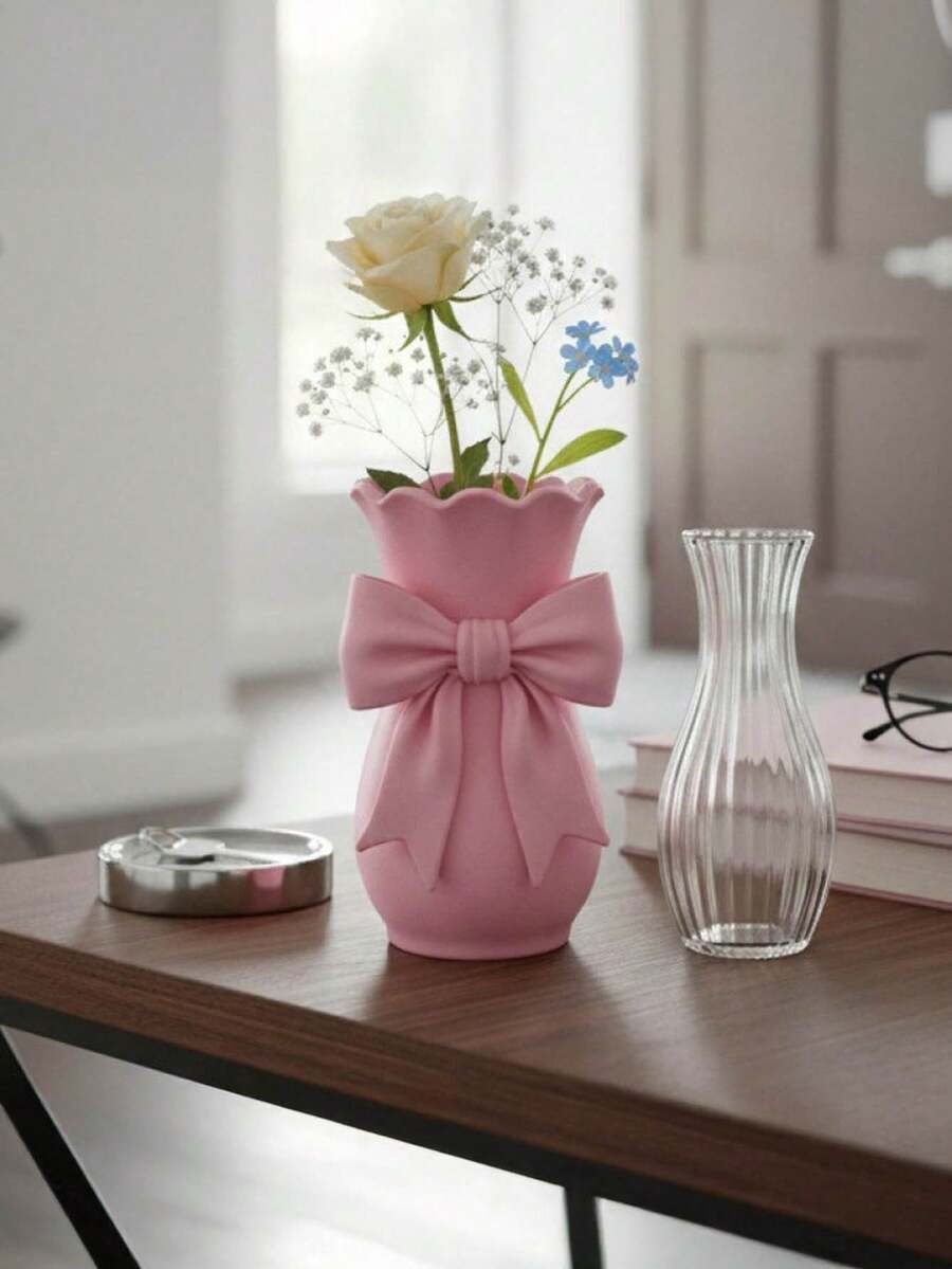 1 pieza Jarrón con lazo impreso en 3D con parte superior en forma de lazo y base redonda - Soporte de flores de plástico adecuado para escritorio, estantería, centro de mesa, decoración del hogar estilo Ins para habitación, regalo para mujeres, inauguración de la casa, regalo del Día de la Madre - A - Ver 1