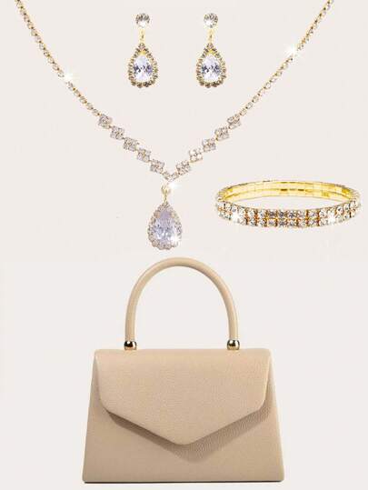 Bộ trang sức 4 món, gồm dây chuyền, bông tai và vòng tay lấp lánh, túi xách dự tiệc sang trọng dành cho nữ, túi xách nắp gập thanh lịch, túi cô dâu phong cách cưới lãng mạn, túi dự tiệc khiêu vũ trang trọng, túi dạ hội sang trọng, hoàn hảo cho các bữa tiệc, đám cưới, dạ hội, tiệc chiêu đãi, có thể phối cùng trang phục dự tiệc ngày lễ.