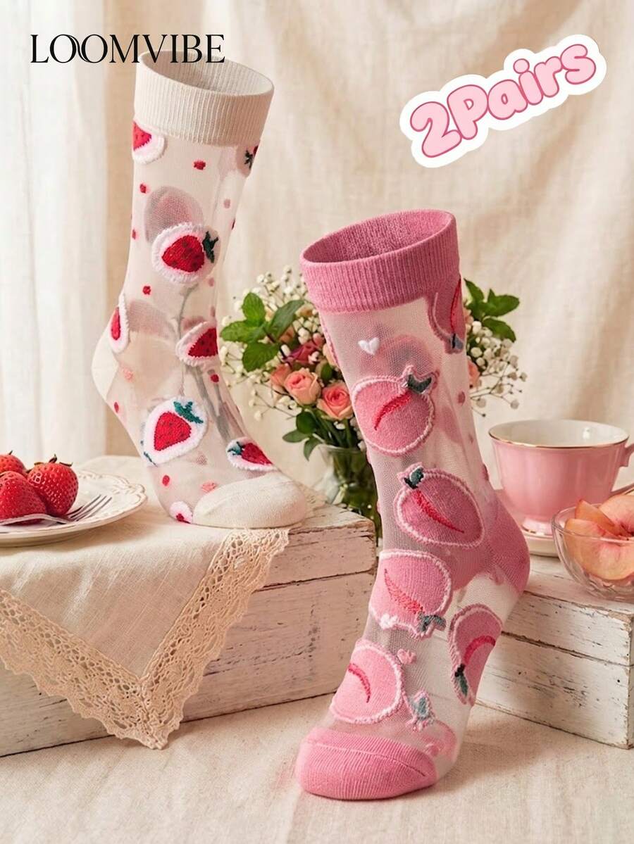 2双装女士透明草莓蜜桃色中筒袜，轻盈透气网眼袜，可爱水果长袜，适合夏季穿着 - 彩色 - 查看 1