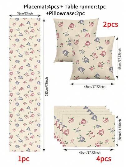 1/4/5/6/7 piezas Juego de decoración del hogar con mantel de patrón floral de primavera y verano, para sala de estar, dormitorio, comedor, de material similar al lino, disponible en varios tamaños, para decorar la mesa de comedor, la repisa de la chimenea, manteles individuales, posavasos, decoración del hogar