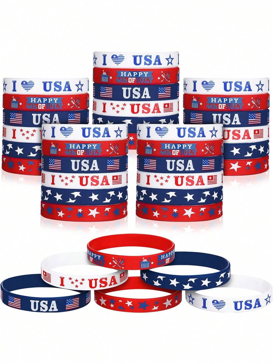12/24 piezas Pulseras patrióticas del 4 de julio Bandera estadounidense roja, blanca y azul con estrellas Pulseras de silicona Pulseras de goma para el Día de la Independencia Regalos para fiestas - Día de la Independencia - Ver 1