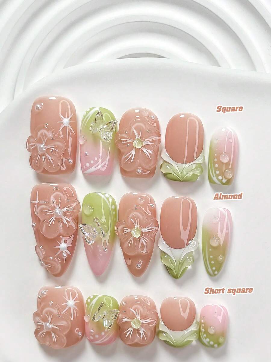 10件套夏季风手工美甲套装，包含凝胶美甲套装、3D极光蝴蝶、手绘五瓣实心花、手绘白色太阳和树枝、波点美甲装饰，以及美甲工具（1个果冻贴纸+1个指甲锉）。提供三种尺寸：方形、短方形和杏仁形指甲。适合派对、日常佩戴、庆祝活动、拍照、春夏通勤等场合。 - 彩色 - 查看 1