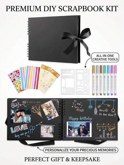 可爱黑色DIY爱情相册封面，带丝带封口，手工情侣纪念相册，适合记录婚礼和旅行回忆，可重复使用的相册式纪念册