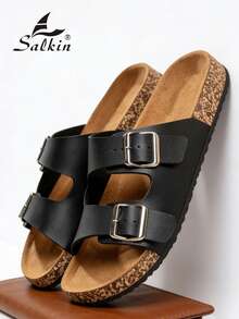 Salkin 经典男士拖鞋，双扣设计，柔软软木鞋底，时尚哑光黑色，方便穿脱，鞋面柔软舒适透气，镂空设计，防滑耐磨鞋底，速干防臭，轻便户外沙滩凉鞋，大码 - 黑色 - 查看 7