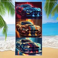 1pc Extra Large Sports & Beach Towel With 3 Sizes Racing Car Overlapping Print Design, Washable, Soft, Absorbent, Quick Drying, Suitable For Swimming Pool, Camping, Travel, Fitness, Essential For Beach - 1 - View 1