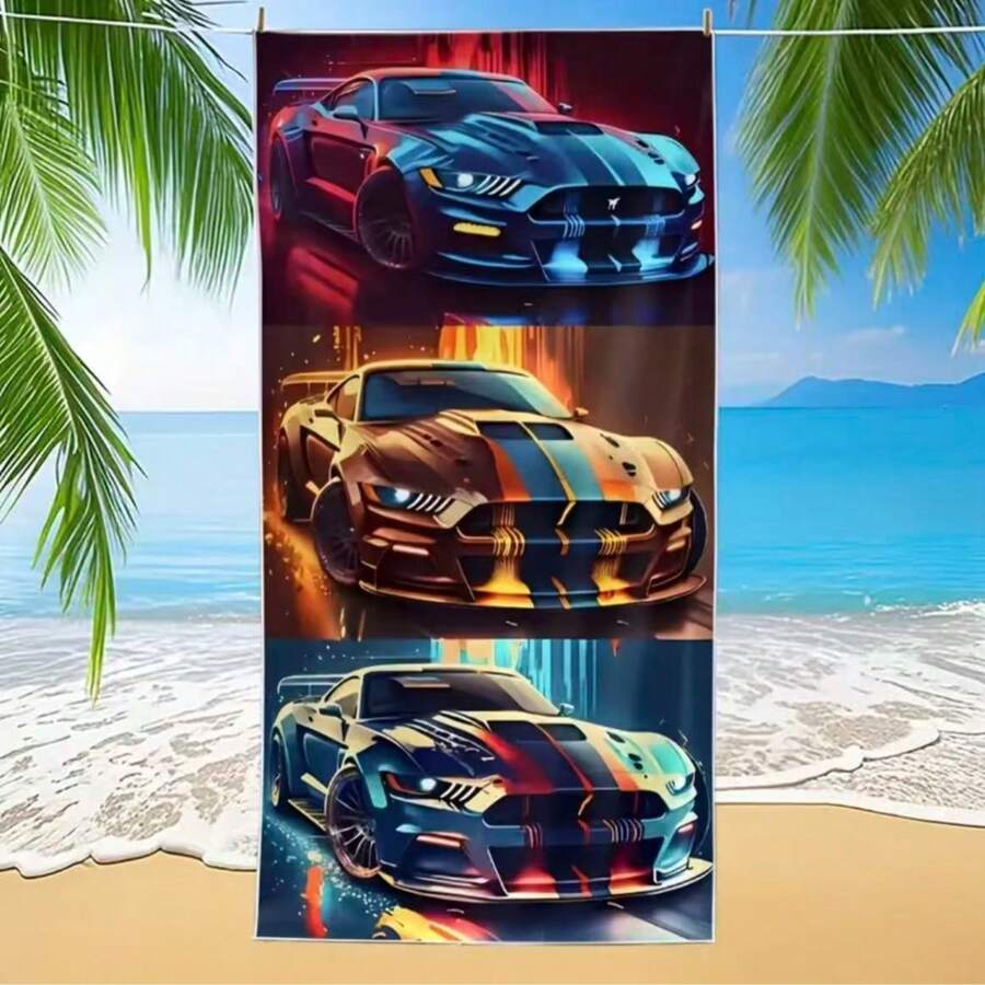 1pc Extra Large Sports & Beach Towel With 3 Sizes Racing Car Overlapping Print Design, Washable, Soft, Absorbent, Quick Drying, Suitable For Swimming Pool, Camping, Travel, Fitness, Essential For Beach - 1 - View 1