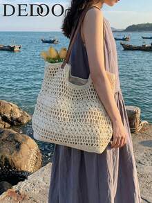 Dedoo Túi tote dệt thời trang dung tích lớn, túi đi biển khoét rỗng kiểu dáng giản dị, thích hợp cho kỳ nghỉ, dã ngoại biển và đi làm hàng ngày, mùa xuân/hè. - Màu be - Xem 3