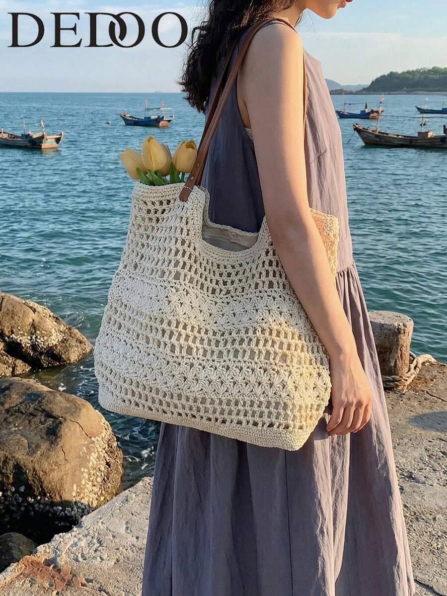 Dedoo Large Capacity Fashionable Woven Tote Bag, Casual Hollow Out Beach Bag, Suitable For Vacation, Beach Outings And Daily Commute, Spring/Summer