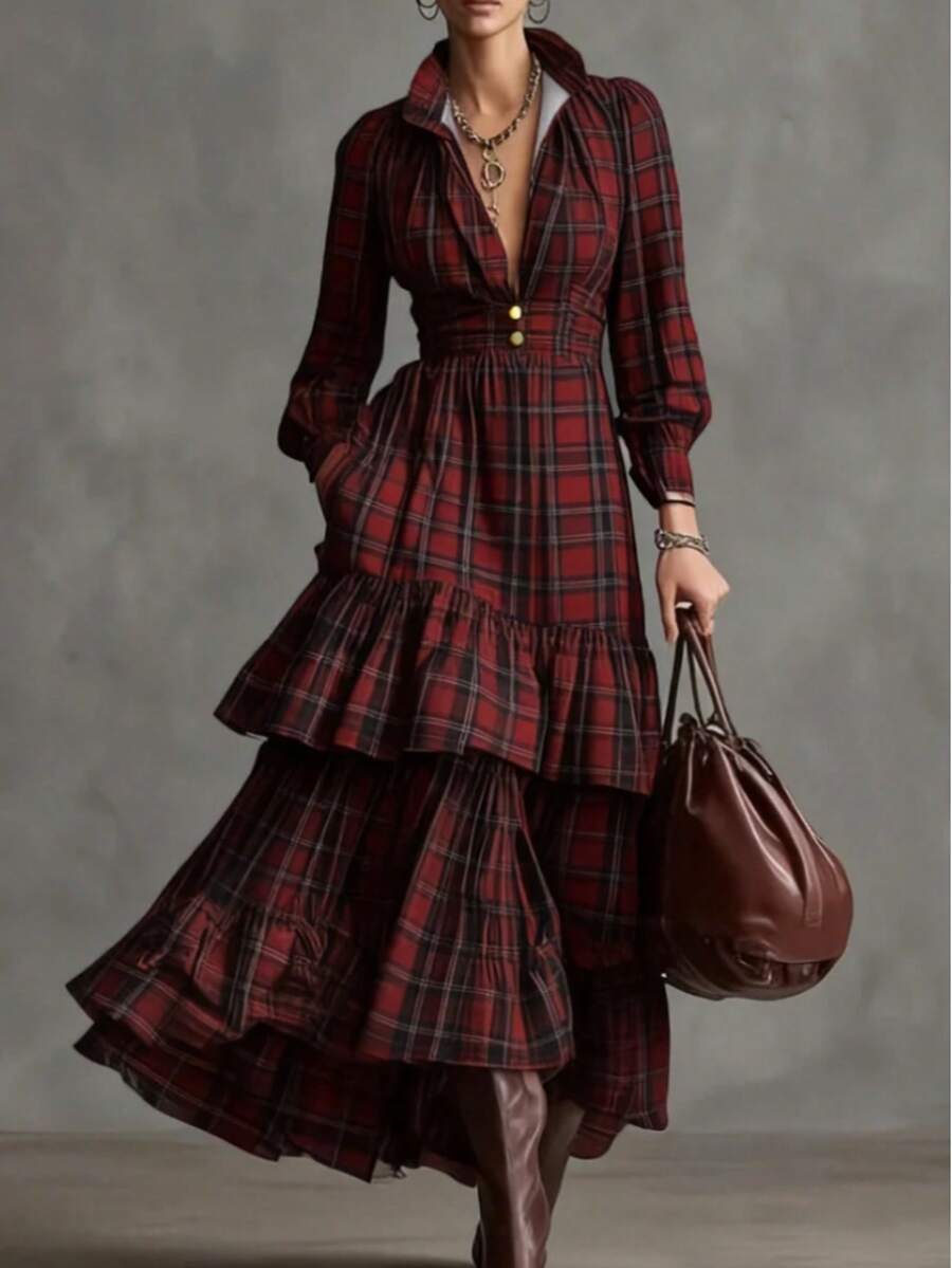 Vestido de mujer a media pierna a cuadros, diseño con detalles de botones, manga larga, bajo acampanado, tela no elástica, elegante para primavera - Multicolor - Ver 1