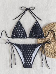 Bikini de dos piezas con estampado de leopardo y fruncido, conjunto de baño con tiras de amarre estilo europeo, bestseller todo el año para fiestas en la playa - Fondo negro con pequeños puntos blancos - View 2
