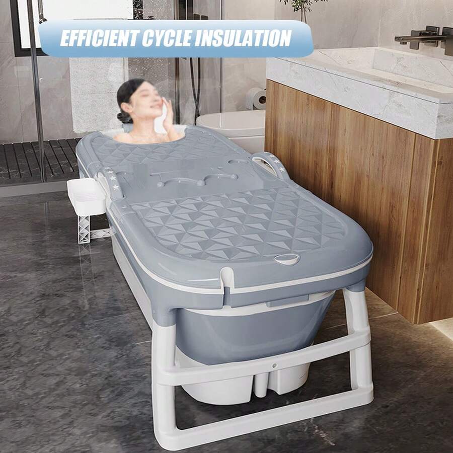 Faltbare Badewanne für Erwachsene mit abnehmbarem Deckel, tragbare Badewanne mit Armlehnen und Seifenkorb, Komfort und Entspannung für Bad, Dusche und Balkon, 118 * 60 * 53 cm