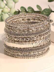 Women's Retro Multi-Layer Wrap Bracelet - Adjustable Layered Design With Distressed Golden-Tone Beads & Black/Brown/Copper Tones, All-Season Daily & Party Jewelry, Stackable Statement Piece For Teens & Adults, Durable Comfortable Fit, Intricately Woven Beads In Earthy Tones, Vintage For Casual & Festive Wear, Suitable For All Seasons, No Plating Required, Wide Bracelets For Plus Size Women - 銀色 - 查看 2