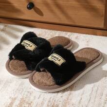 斜条纹毛绒家居拖鞋，柔软保暖，字母图案，EVA防滑鞋底，男女通用 - 黑色 - 查看 11