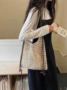 1 chiếc túi tote dệt thủ công bằng cotton, thoáng khí, có móc len, đính hạt cườm và tua rua, kiểu dáng Bohemian, có lớp lót vải, tạo cảm giác thoải mái, phù hợp đi làm hàng ngày, phong cách nghệ thuật trẻ trung, đi biển, dã ngoại. - Màu be - Xem 9