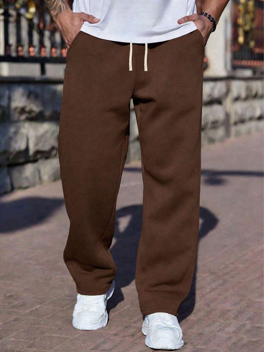 Men's Loose Straight Leg Sweatpants With Drawstring, Gray, Casual Pants For Autumn/Winter