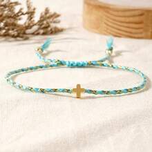 1pc Fashion Minimalist Cross Pendant Bracelet, Adjustable Colorful Braided Rope Bracelet, Gift For Girlfriend, Beach Gift, Valentine's Day Gift, Graduation Gift, Baptism Gift, Anniversary Gift - Multicolor - View 4